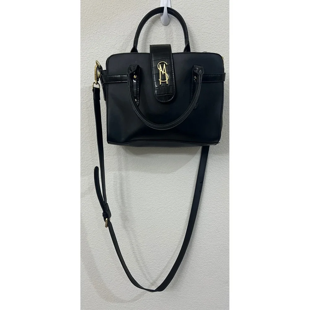 Steve Madden Black Croc Trim Satchel Crossbody Bag Gold Hardware SM Logo Handbag